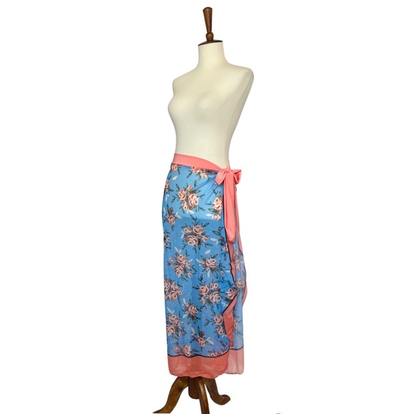Boho Pink and Blue Floral Sarong Beach Skirt - Picture 7 of 14